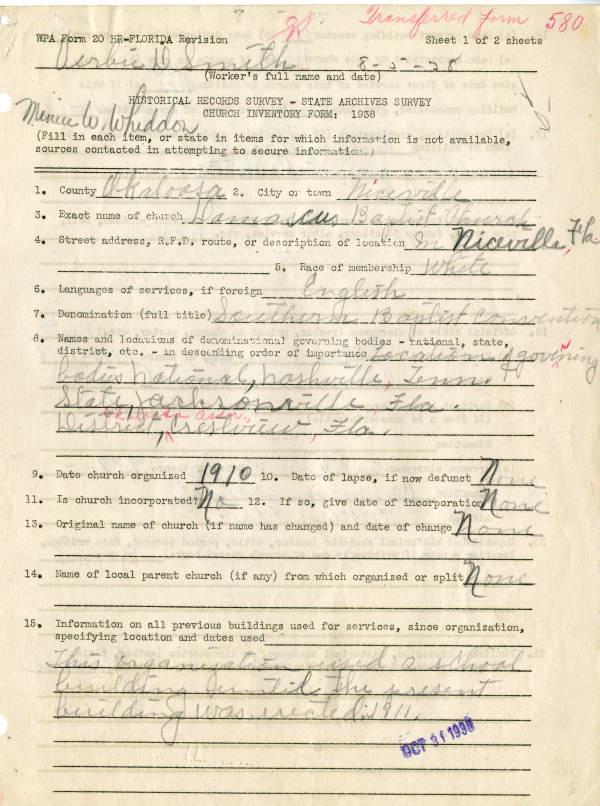 Church State Survey, 1938 FBCN